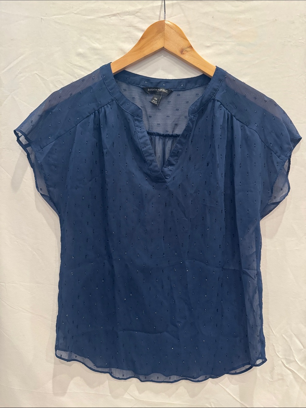 Banana Republic Navy Dot Swiss-Textured Sheer V-Neck Blouse XS